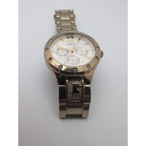 GUESS Women's U15078L1 Quartz Analog Chrono Dress Watch. Good Tone w Crystal "G" - Picture 9 of 9